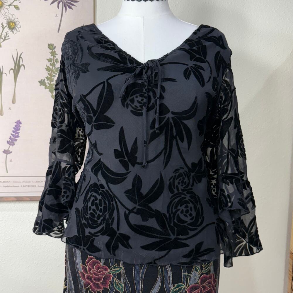 Vtg 90s Y2k Floral Velvet Burnout Top Whimsigoth Witchy Romantic Goth Vampire M